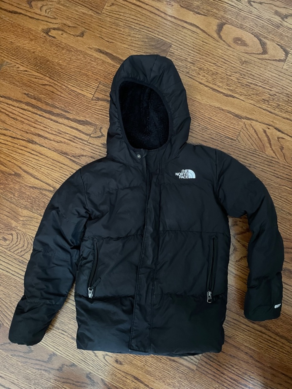 The North Face Kids 7 Black Hooded fleece lined Puffer Jacket down